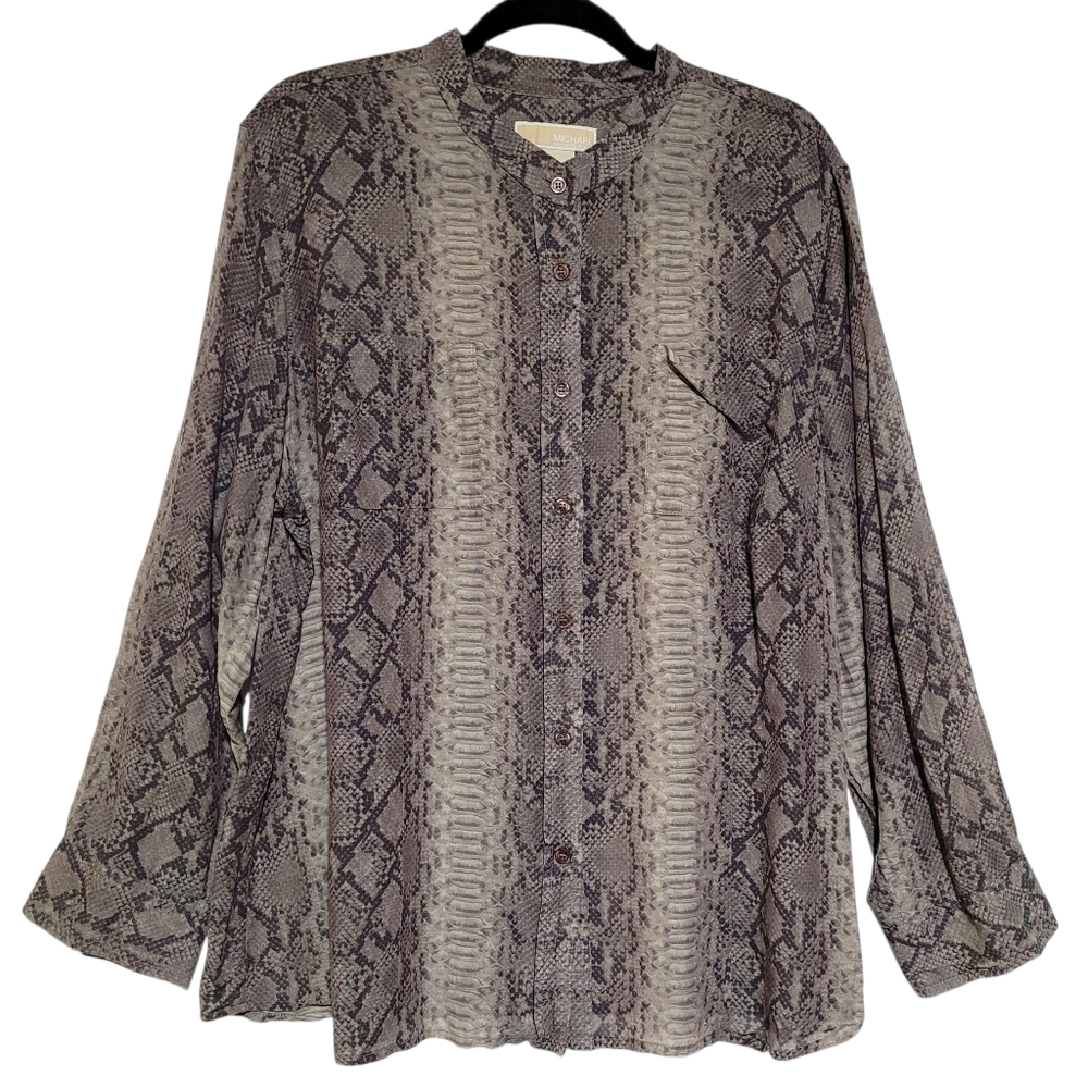 Michael Kors Button Up Shirt Brown Snakeskin Print Sheer Long Sleeve Women's 22W
